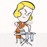 Sad cartoon lady ironing